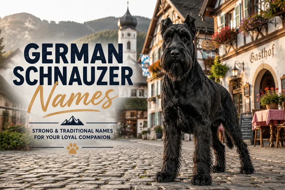 Majestic black Giant Schnauzer standing on a cobblestone street in a picturesque Bavarian village, surrounded by alpine architecture and mountain scenery.