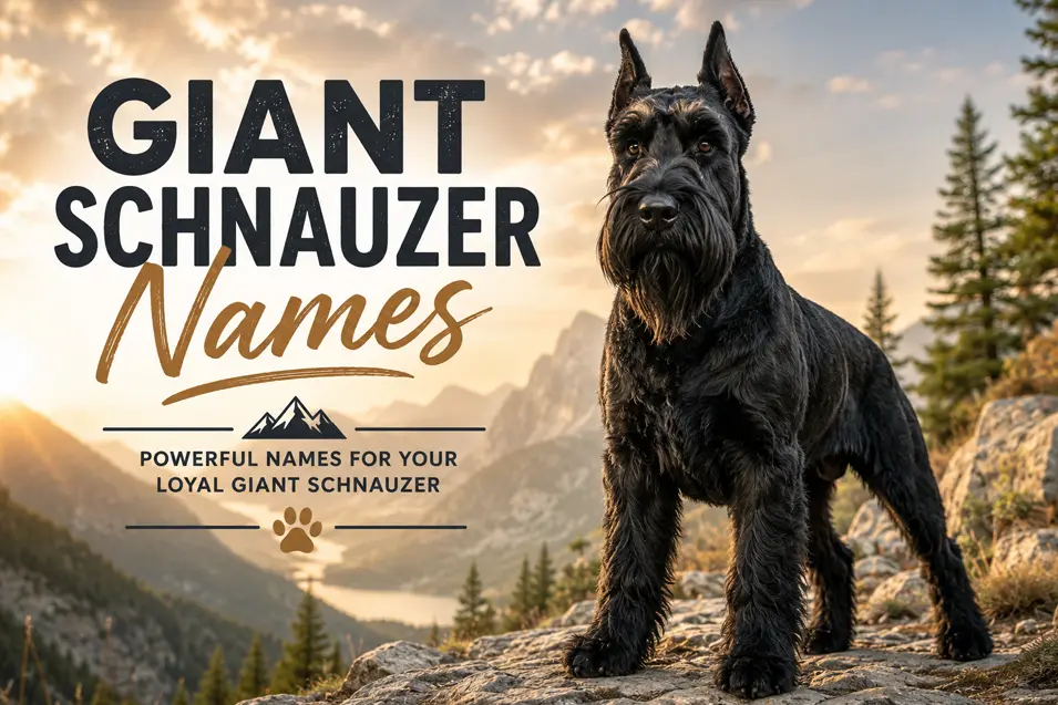 Majestic Giant Schnauzer standing on a mountain overlook at sunrise, showcasing powerful Giant Schnauzer name ideas against a dramatic alpine landscape.