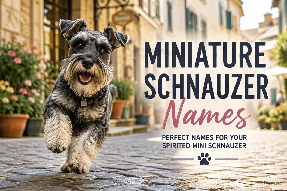Happy Miniature Schnauzer running down a charming European cobblestone street with colorful flowers, promoting creative Miniature Schnauzer name ideas.