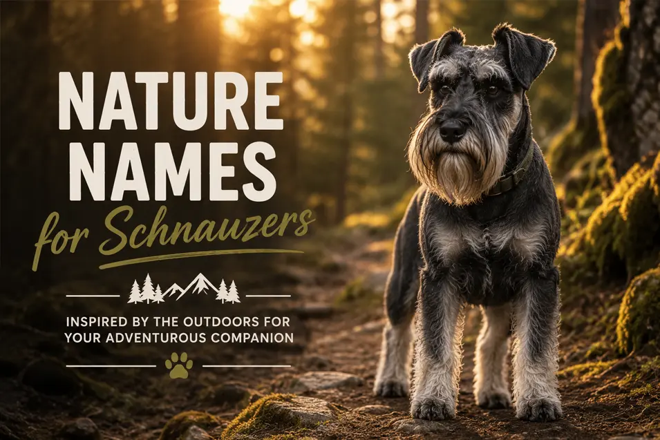 Miniature Schnauzer standing on a sunlit forest trail surrounded by towering trees and mossy rocks, celebrating the breed's adventurous spirit and love of nature.