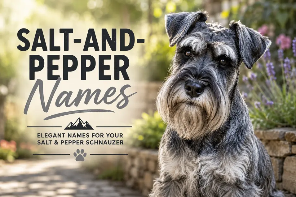 Salt-and-pepper Miniature Schnauzer with classic silver markings, sitting along a sunlit garden path surrounded by lush greenery and blooming flowers.