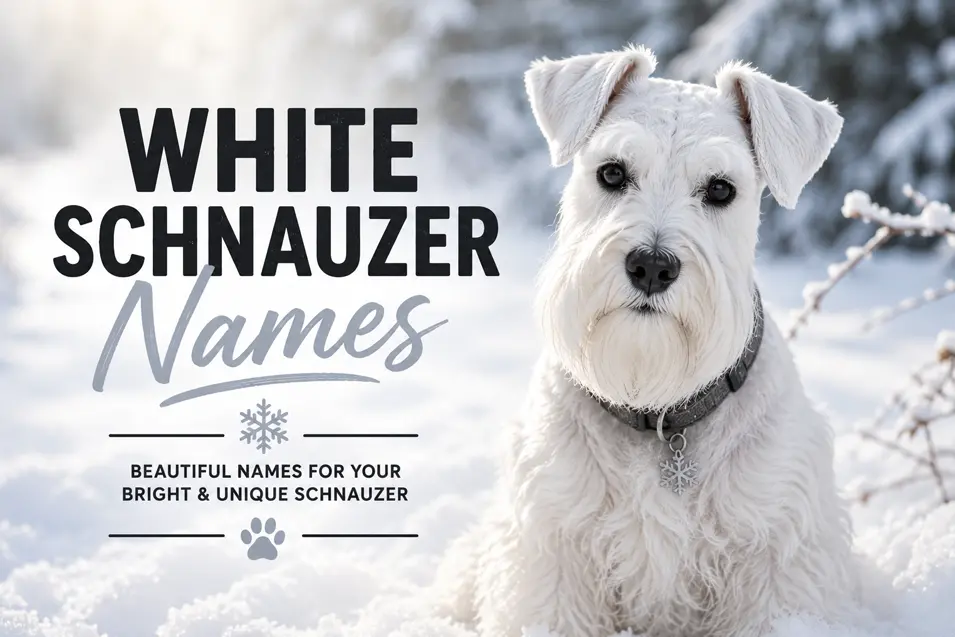 White Miniature Schnauzer sitting in a snowy winter landscape, showcasing its bright white coat, expressive face, and classic beard in soft morning light.