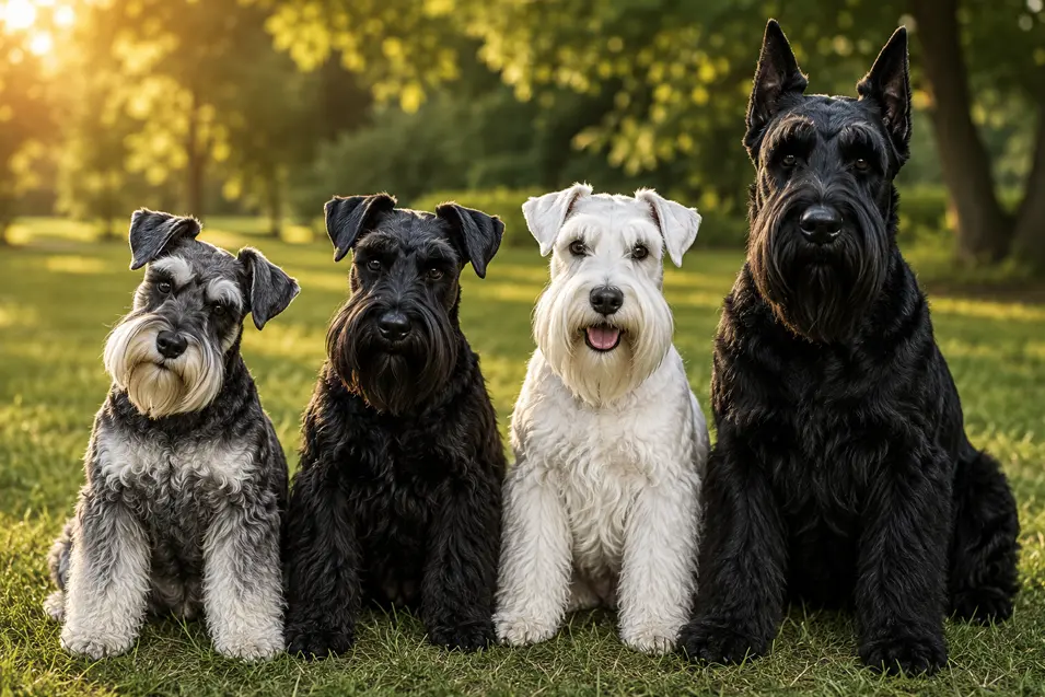 Four Miniature Schnauzers in black, white, and salt-and-pepper coats sitting together in a sunlit park, highlighting the breed's distinctive beards and expressive faces.