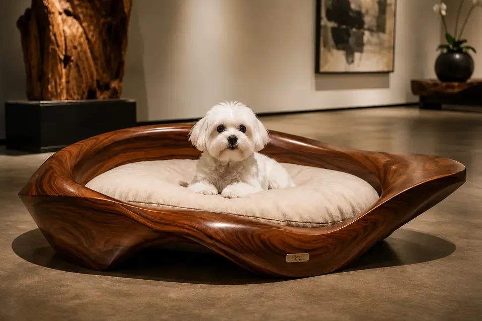 Luxury sculptural walnut dog bed with a plush cream cushion, blending modern craftsmanship and elegance in a gallery-inspired setting.