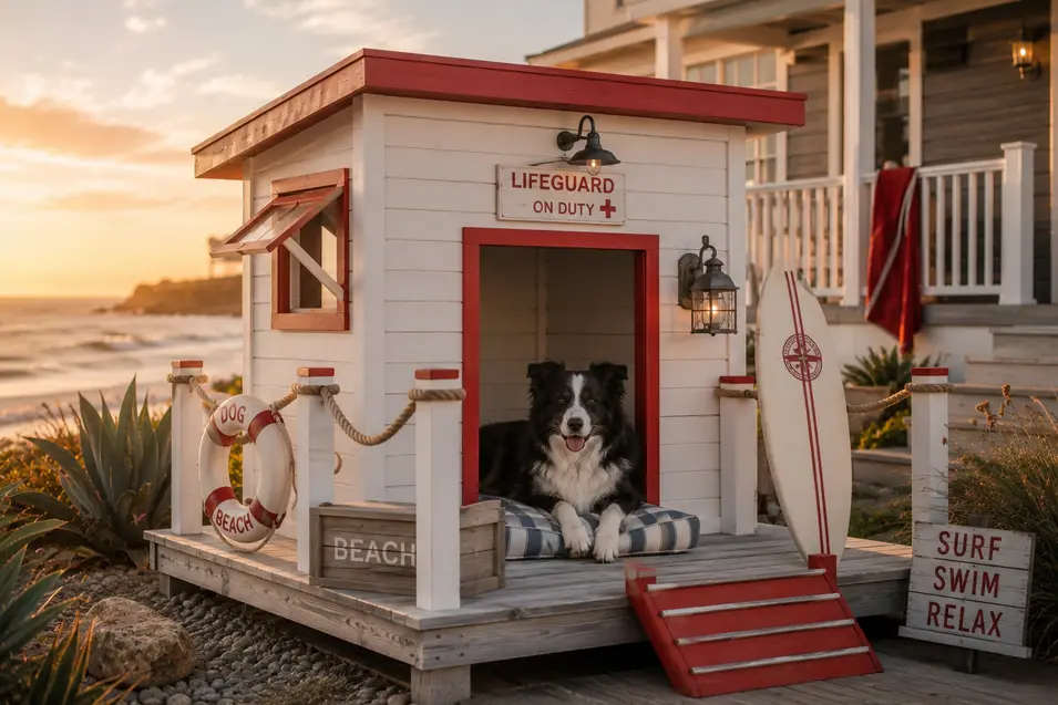 Driftwood coastal lifeguard-style dog house with beach décor, surfboard accents and a happy Border Collie enjoying the ocean breeze.