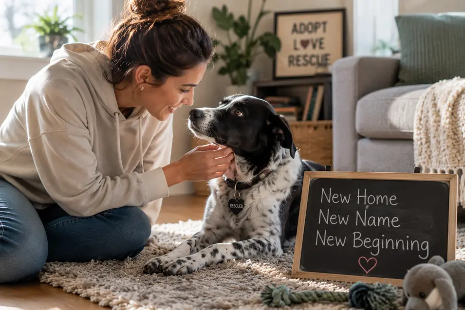 Rescue dog bonding with its new owner at home, celebrating a fresh start and the journey of choosing a new name after adoption.