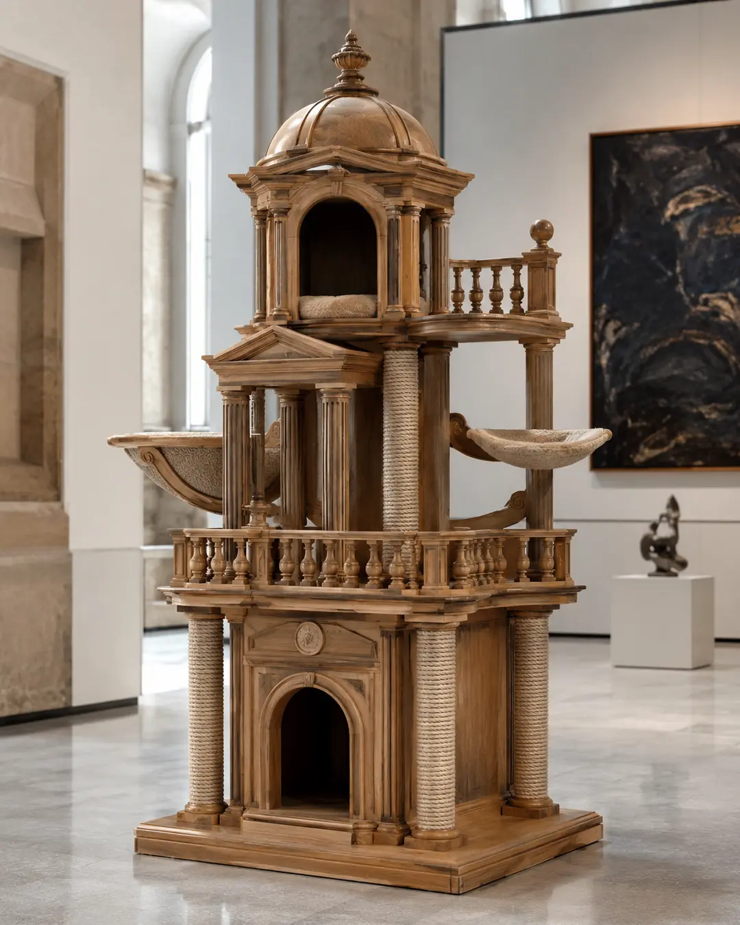 Sir Christopher Wren-inspired luxury cat tree with grand classical columns, ornate detailing, elegant domes, and timeless English Baroque architecture.