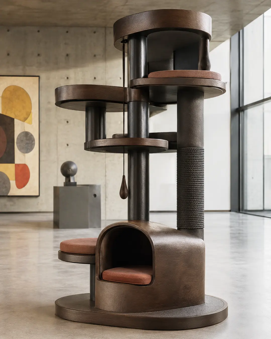 Sir David Adjaye-inspired luxury cat tree with rich sculptural forms, bold cylindrical volumes, refined textures, and contemporary architectural elegance.