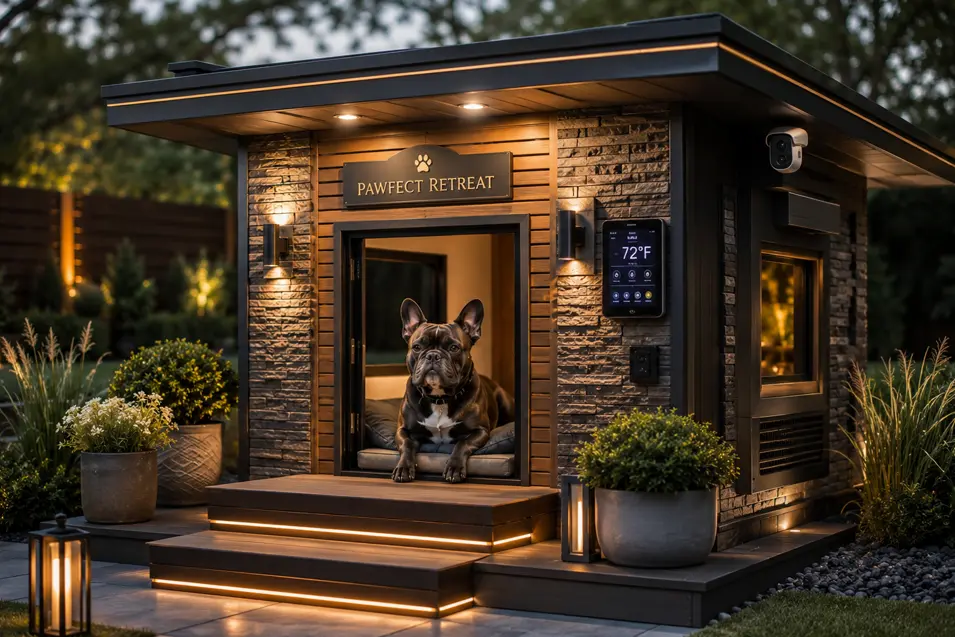 Luxury smart dog mansion with climate control, LED lighting, security camera, and a French Bulldog relaxing in a high-tech retreat.