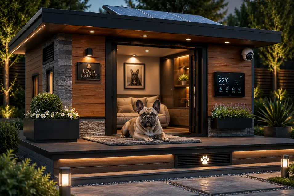 Luxury smart dog mansion with climate control, solar panels, security camera, Wi-Fi monitoring, and a French Bulldog enjoying modern comfort.