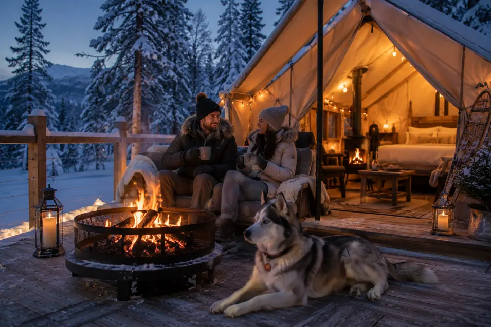 Couple and Husky enjoying luxury winter glamping beside a crackling fire, with a cozy insulated tent surrounded by snow-covered mountains and pines.