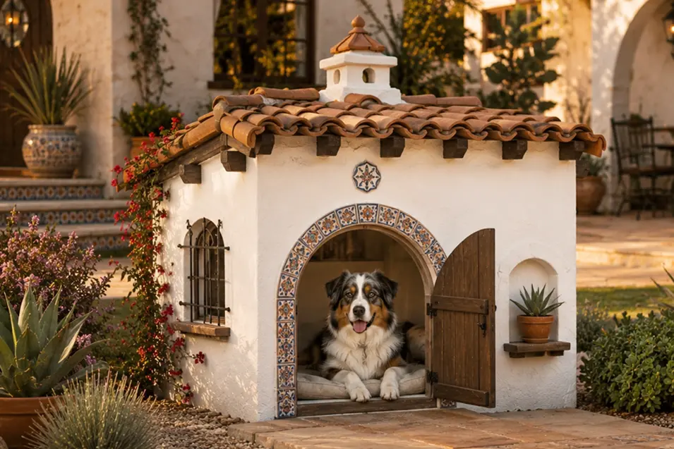 Charming Mediterranean dog house with white stucco, terracotta roof and decorative tile arch, featuring a beautiful Australian Shepherd in a sunlit courtyard.