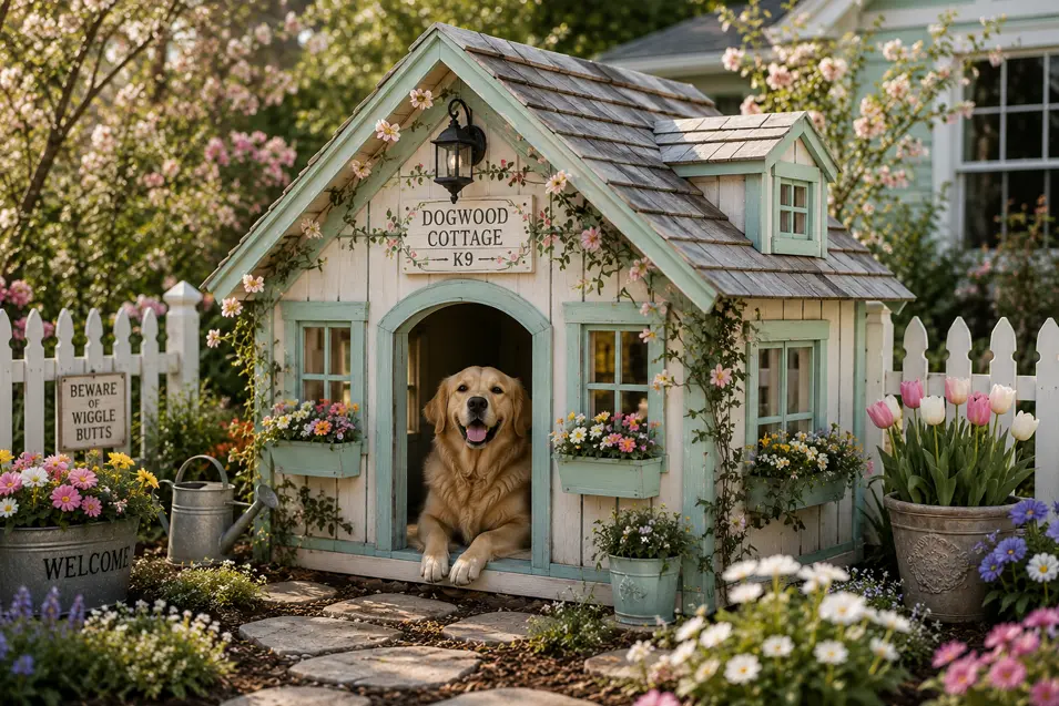 Charming spring garden cottage dog house with pastel colors, blooming flowers and window boxes, featuring a happy Golden Retriever in a lush backyard.