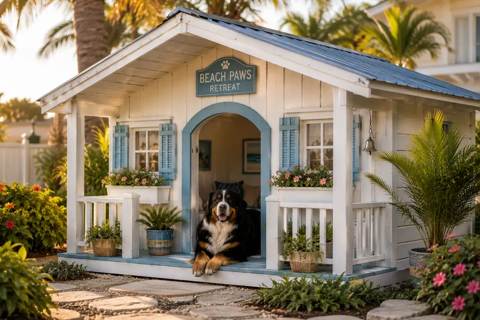 Charming coastal cottage dog house with beach-inspired colors, flower boxes and a covered porch, featuring a happy Bernese Mountain Dog.