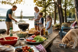 Family enjoys a lakeside summer BBQ with picnic favorites while their dog drinks fresh water, surrounded by trees and beautiful lake views.