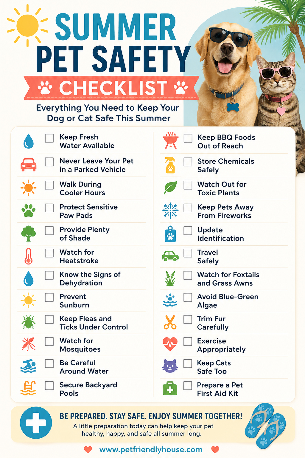 Summer Pet Safety Checklist infographic with a smiling dog and cat, plus easy seasonal tips to help keep pets safe, healthy, and happy all summer.