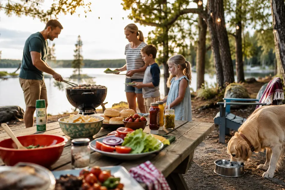 Family enjoys a lakeside summer BBQ with picnic favorites while their dog drinks fresh water, surrounded by trees and beautiful lake views.