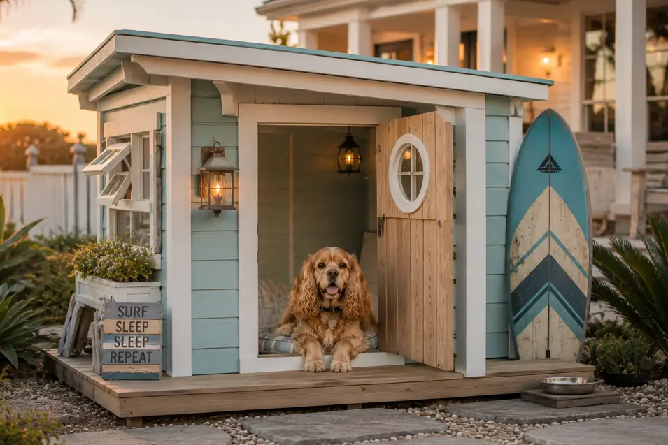 Charming driftwood coastal dog house with beach cottage style, pastel siding and a surfboard, featuring a happy Cocker Spaniel by the shore.