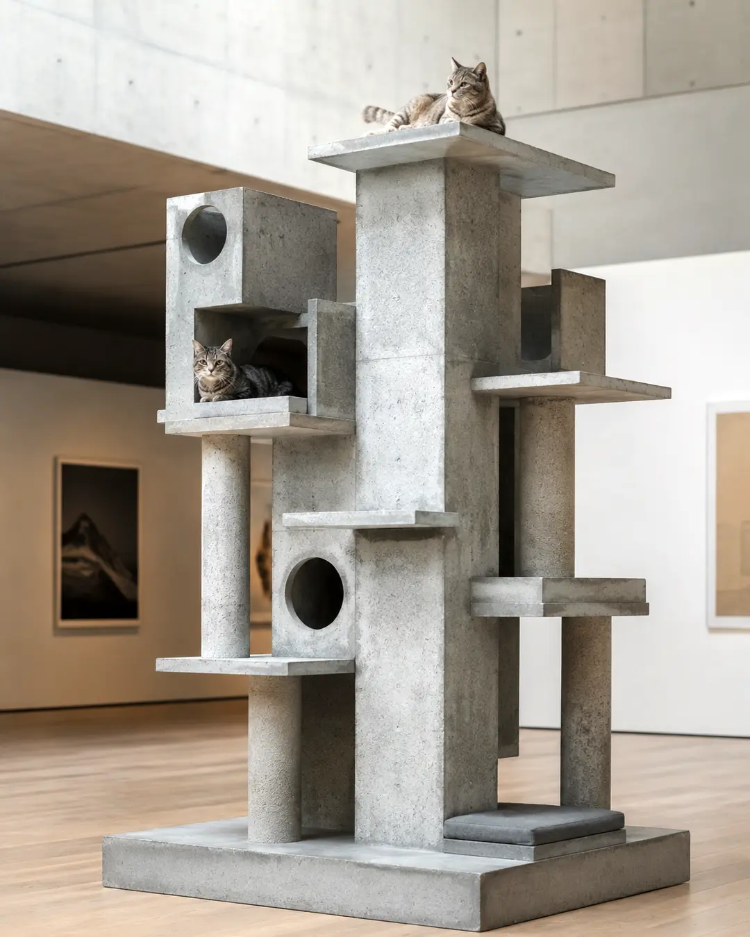 Tadao Ando-inspired luxury cat tree with minimalist concrete forms, clean geometric lines, tranquil spaces, and timeless Japanese architectural simplicity.