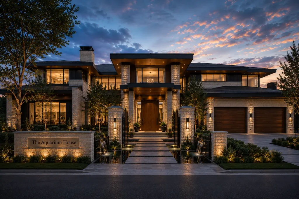 Luxury modern mansion at dusk with illuminated entry, reflecting pools, and elegant landscaping, featuring "The Aquarium House" at the front entrance.