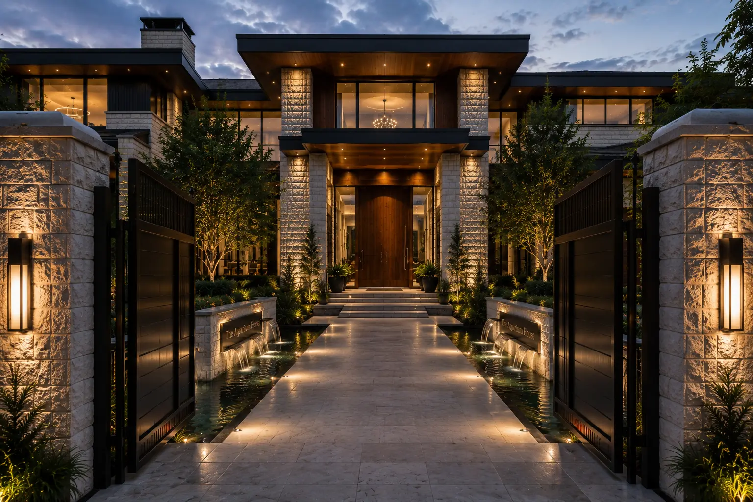 Luxury modern mansion entrance at dusk with illuminated reflecting pools, grand gates, elegant landscaping, and warm architectural lighting.