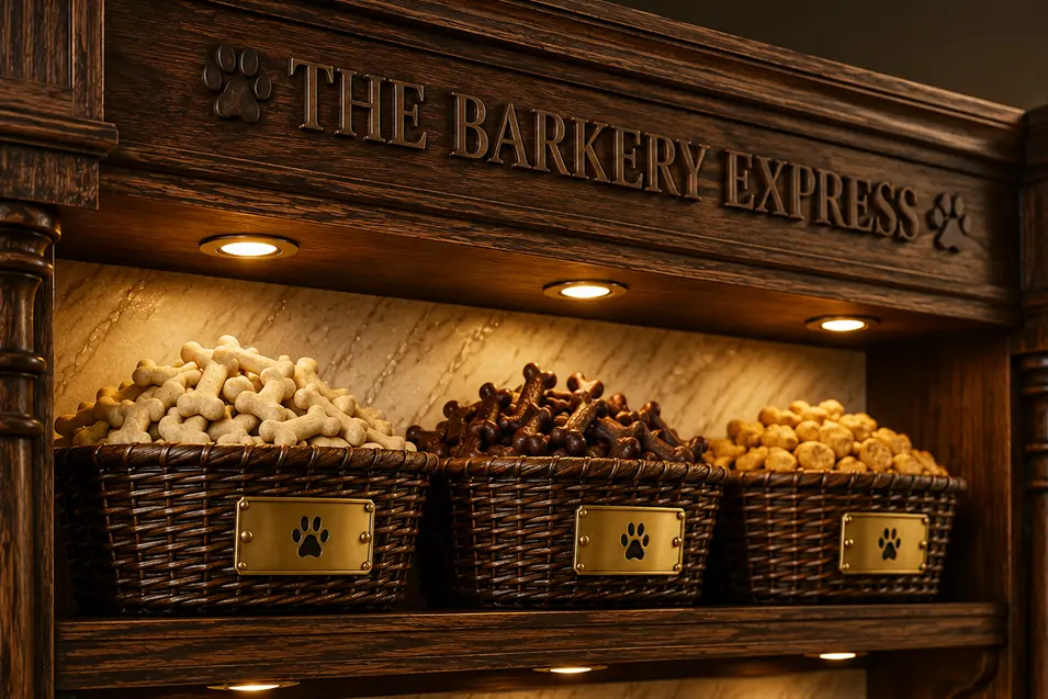 Angled close-up of The Barkery Express showcases handcrafted walnut, carved signage and baskets of gourmet dog treats under warm boutique lighting.