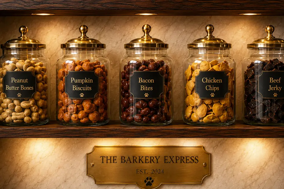Elegant glass treat jars filled with gourmet dog snacks line The Barkery Express, blending boutique bakery style with handcrafted luxury.