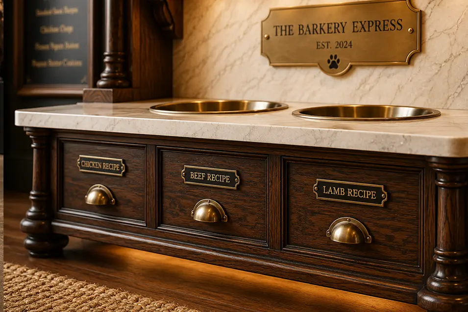 Close-up of The Barkery Express feeding station, showcasing rich walnut craftsmanship, brass drawer pulls, marble top and premium furniture-quality detailing.