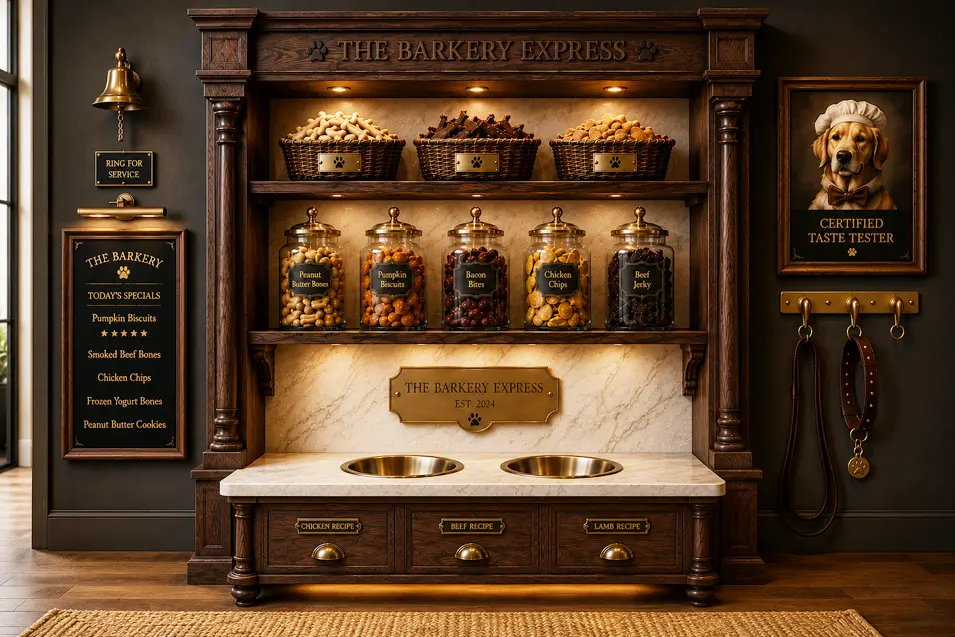 The Barkery Express transforms dog mealtime into a luxury boutique experience with handcrafted walnut, marble, gourmet treats and timeless design.