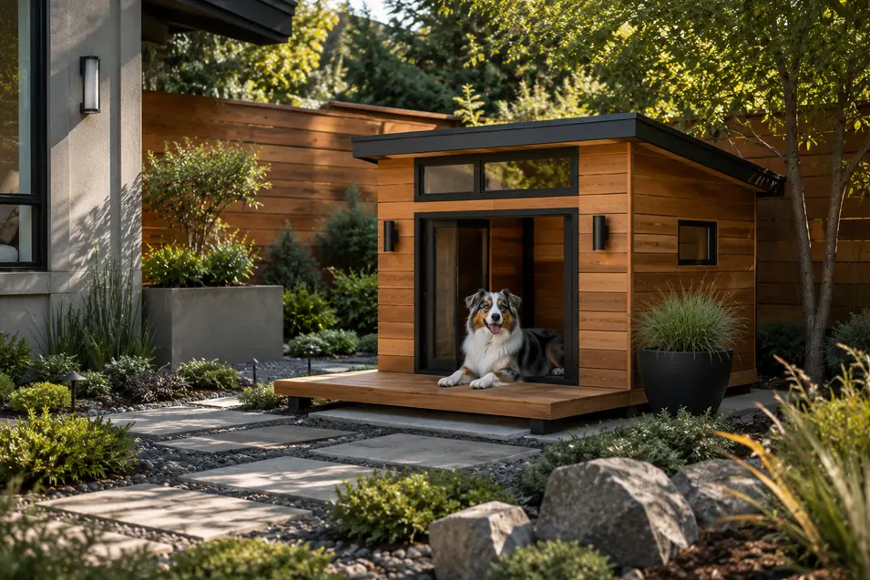 A modern cedar dog house with clean lines, large windows and minimalist landscaping creates a stylish backyard retreat for an Australian Shepherd.