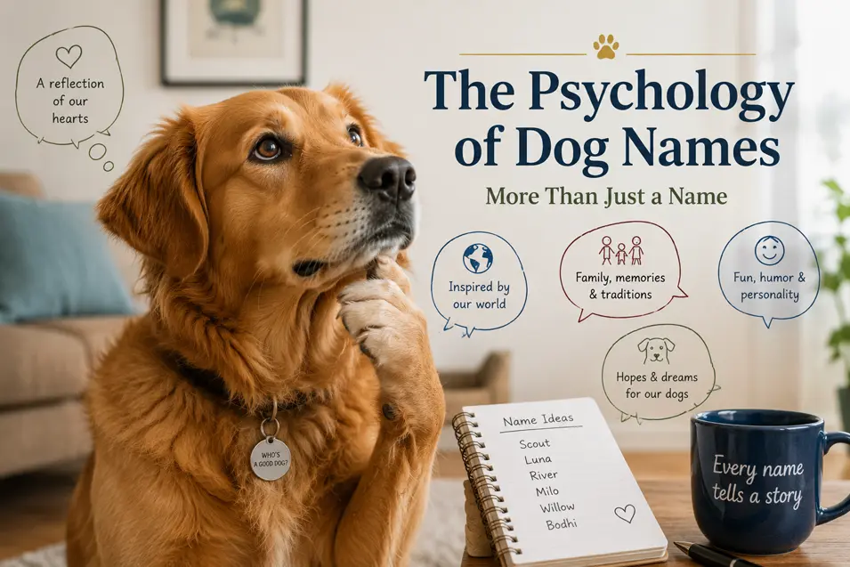 Infographic illustrating the psychology of dog names, showing how names reflect personality, memories, family traditions, hopes, and the special bond between people and their dogs.