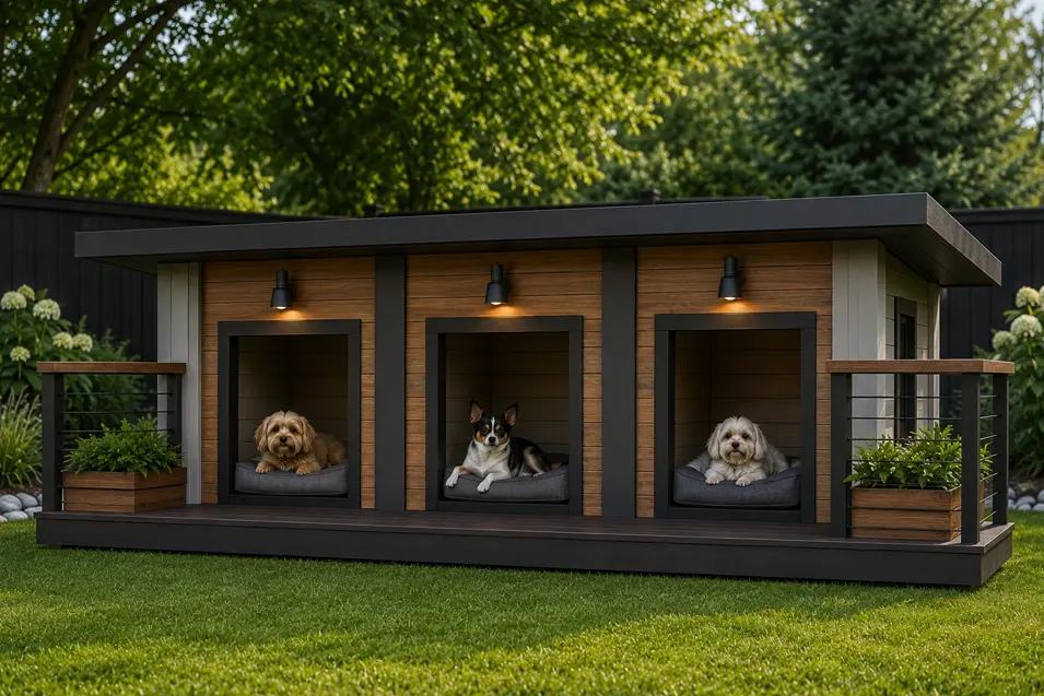 Modern three-dog house with individual sleeping bays, warm wood accents, sleek black trim, covered porch and landscaped backyard in a luxury design.