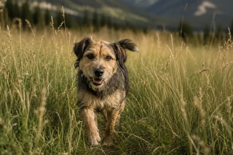 Mixed breed dog walks through tall meadow grass on a mountain trail, surrounded by soft natural light with a gently blurred scenic backdrop.