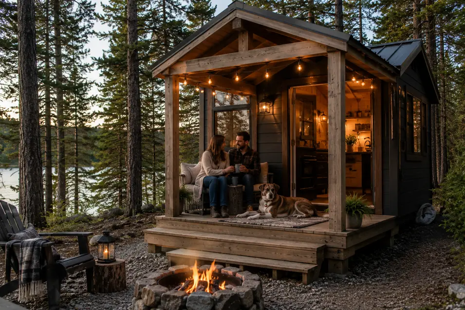 Tiny cabin in the pines with a covered porch, cozy campfire and a couple relaxing beside their mixed-breed dog in a peaceful forest setting.