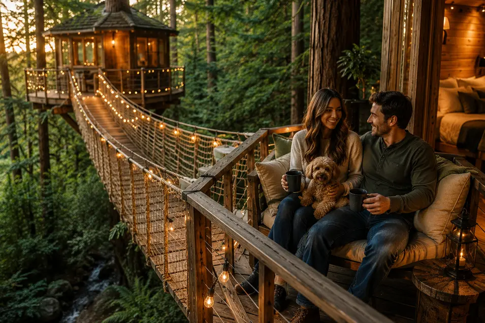 Luxury treehouse glamping with elevated walkways, a couple and their small dog enjoying peaceful forest views at golden hour.
