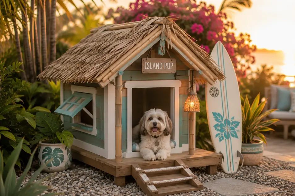 Charming driftwood coastal tiki dog house with a thatched roof and surfboard, featuring a happy Havanese in a tropical beach retreat.
