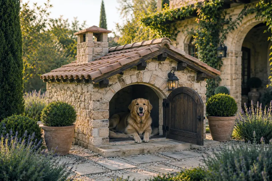 Charming Mediterranean stone dog house with a terracotta roof, arched doorway and lush gardens, featuring a happy Golden Retriever in a luxury courtyard.