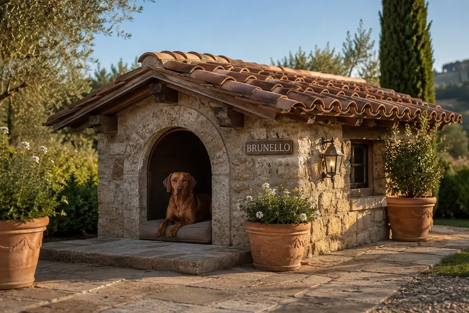 Luxury Tuscan stone dog house with a clay tile roof, arched entry, rustic beams, and a relaxed Vizsla in a sunlit Italian-inspired courtyard.