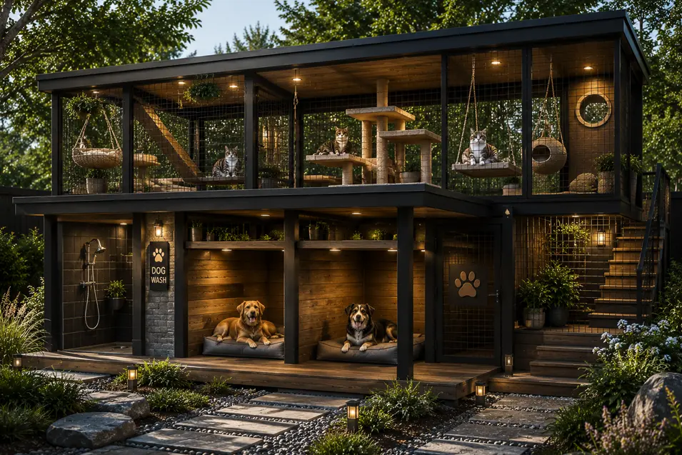 Luxury backyard pet retreat with private dog suites, outdoor dog wash, spacious catio, custom cat tree, hanging swings and premium modern design.