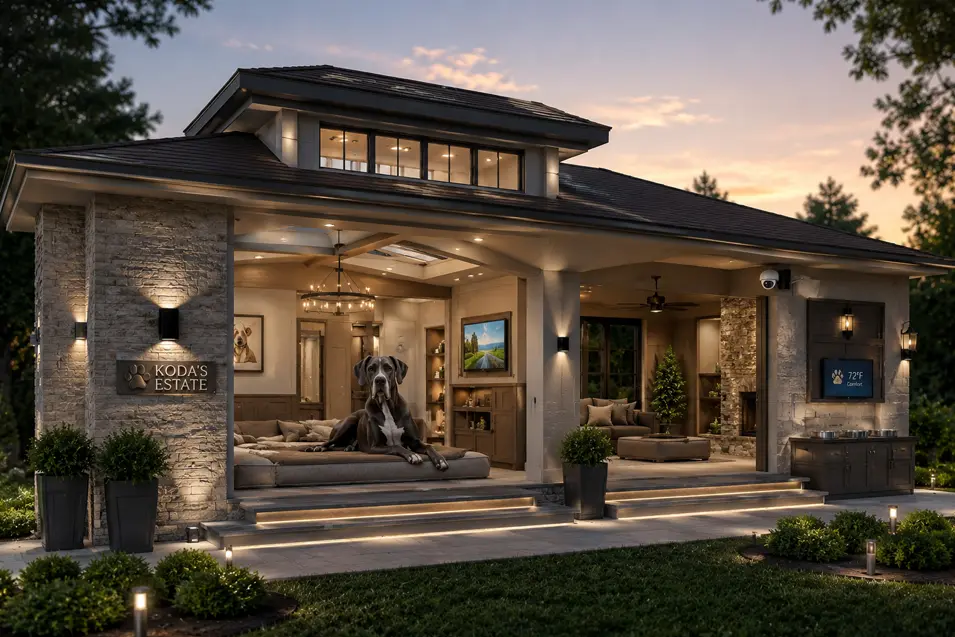 Ultimate luxury dog mansion with multiple rooms, skylights, climate control, designer finishes, and a majestic Great Dane relaxing in style.