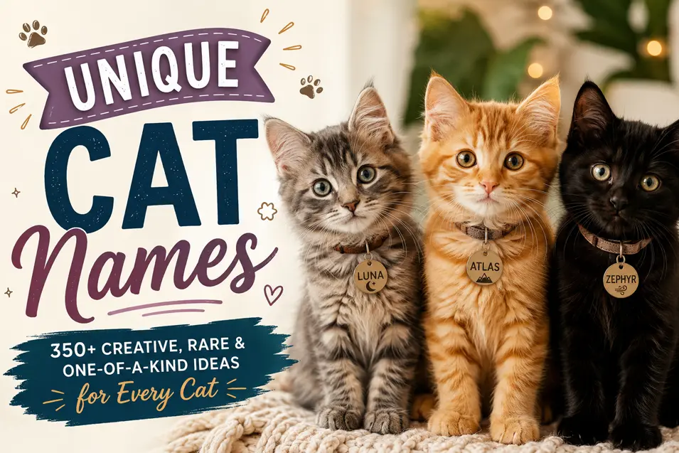 Three adorable kittens with personalized collars showcase 350+ unique cat name ideas, from rare and creative to cute, one-of-a-kind names for every feline.
