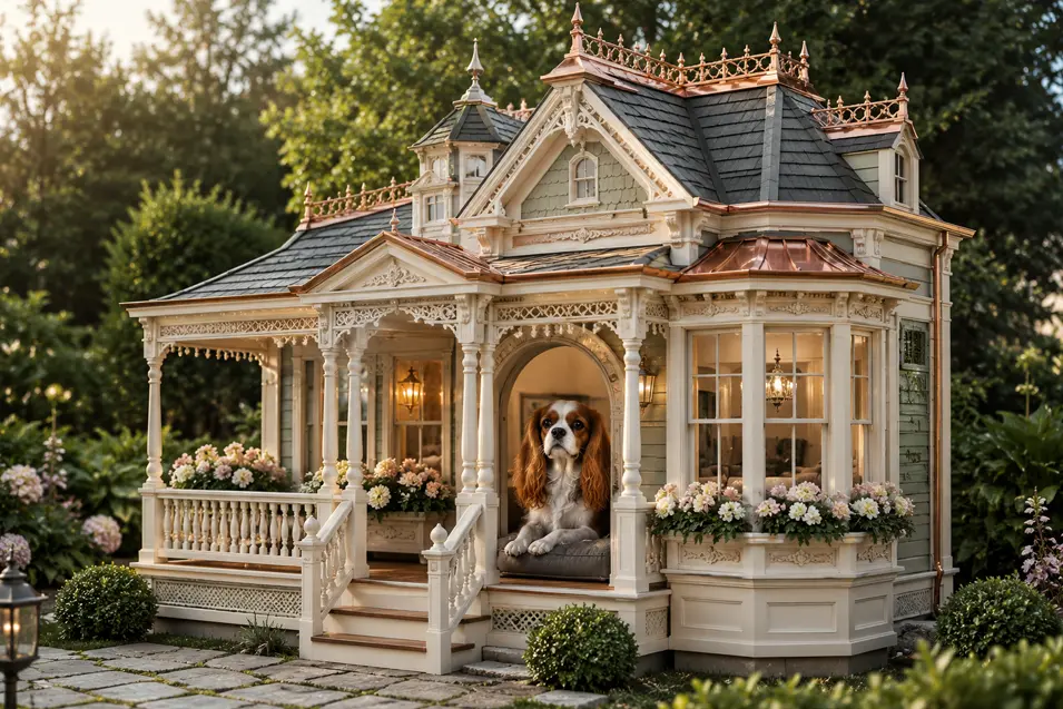 Luxury Victorian-inspired dog mansion with ornate trim, wraparound porch, copper roof accents, lush gardens, and a regal pup at the entrance.