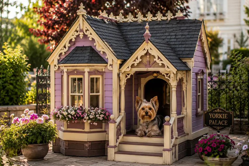 Elegant Victorian mini dog mansion with gingerbread trim, bay window, flower boxes, and a Yorkshire Terrier on the front steps.