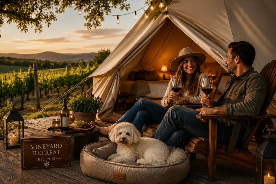 Couple enjoying wine at a vineyard glamping retreat with their Bichon Frise, luxury canvas tent and peaceful vineyards at sunset.