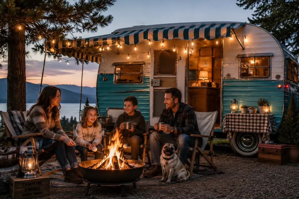 Family enjoying a retro camper getaway with a vintage trailer, striped awning, campfire, string lights and a happy pug at sunset.