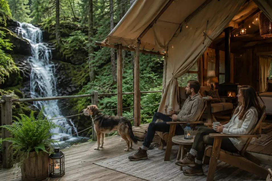 Couple enjoying morning coffee on a luxury glamping deck while their mixed-breed dog watches a forest waterfall surrounded by lush moss-covered trees.