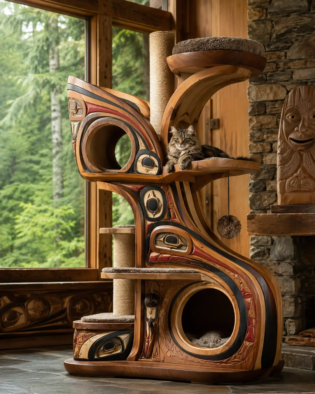 River Bend — Luxury West Coast Indigenous-inspired cat tree crafted from cedar, inspired by the graceful curves of coastal rivers with sculptural perches, cozy hideaways, and Northwest Coast artistry.