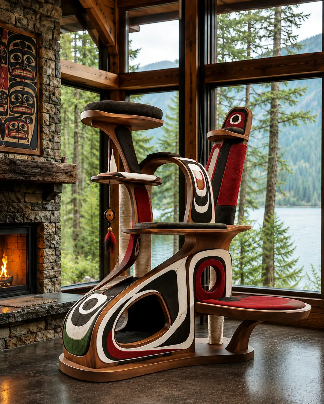 Luxury West Coast Indigenous-inspired cat tree with handcrafted wood, bold Northwest Coast art motifs, cozy hideaways, and sculptural perches in a cedar lakefront home.