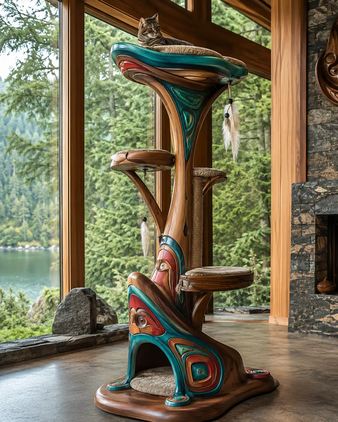 West Coast Indigenous-inspired luxury cat tree with handcrafted wood, bold Northwest Coast motifs, cozy perches, and forest views in a cedar retreat.