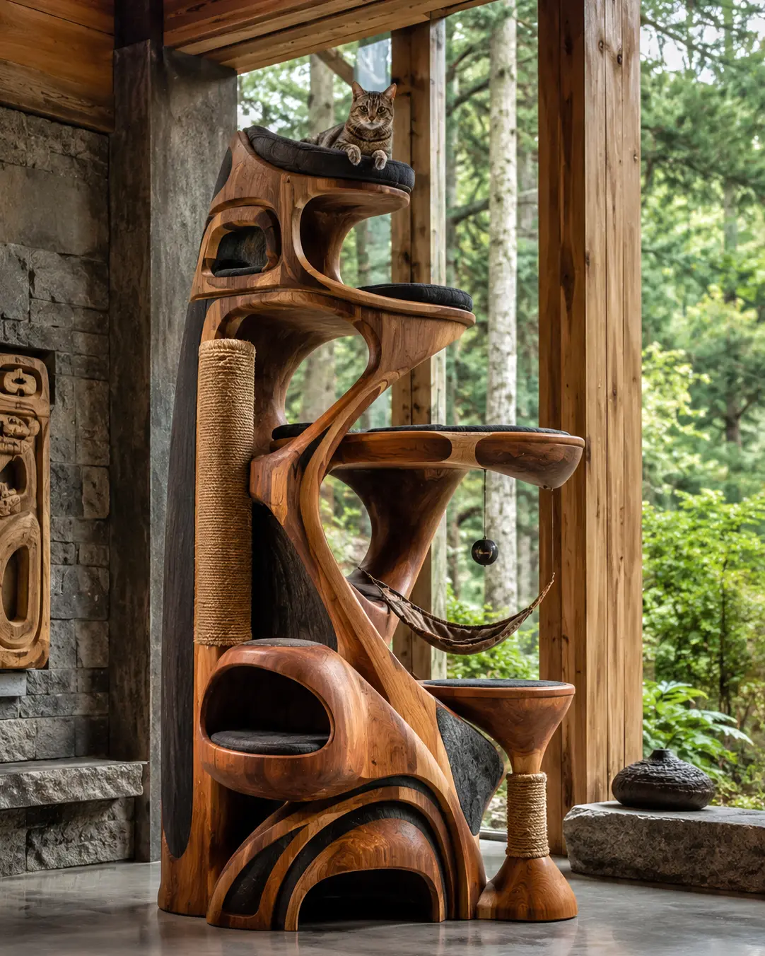 Ancient Cedar — Luxury West Coast Indigenous-inspired cat tree with handcrafted cedar, timeless sculptural forms, cozy hideaways, plush hammocks, and elevated lounging platforms.